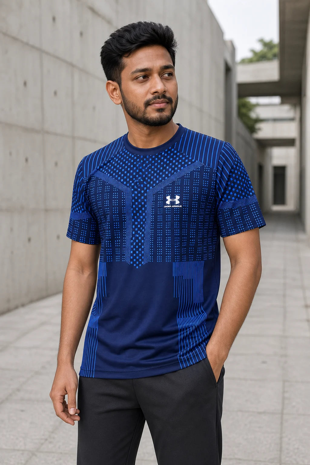 Bangladeshi model wearing navy blue T-shirt - OmegaBD