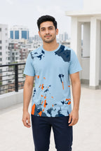 Bangladeshi model wearing sky blue abstract T-shirt - OmegaBD